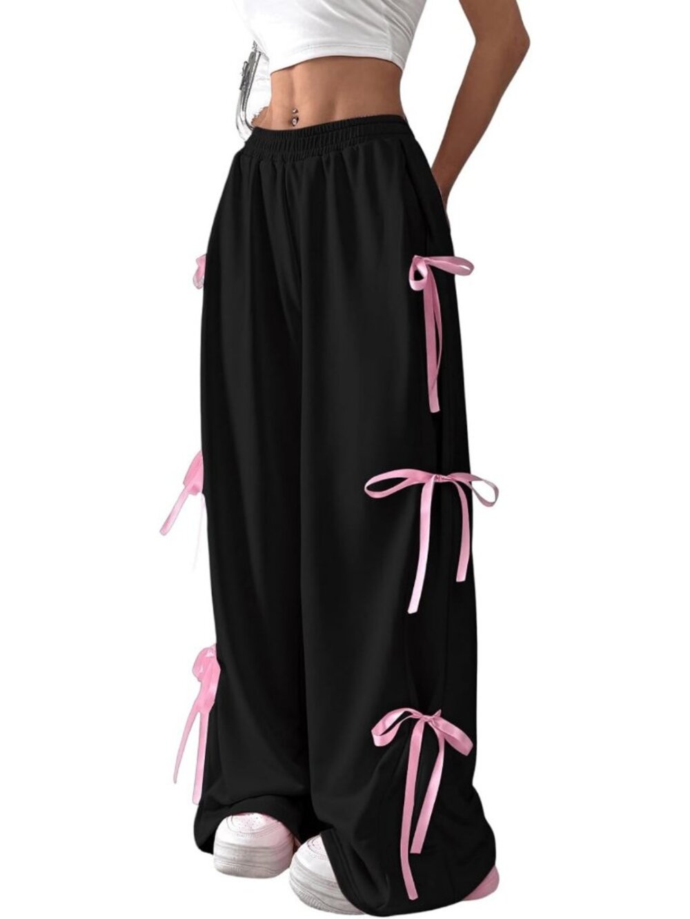 Y2K Bow Wide Leg Parachute Pants | Baggy Sweatpants for Trendy Streetwear